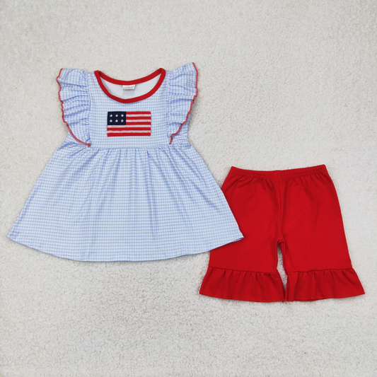 American Flag Embroidery Ruffle Short Set
