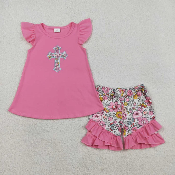 Cross Floral Embroidery Short Set