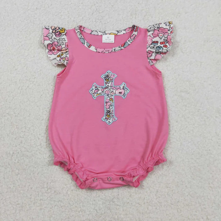 Cross Floral Embroidery Ruffle Sleeve Bubble