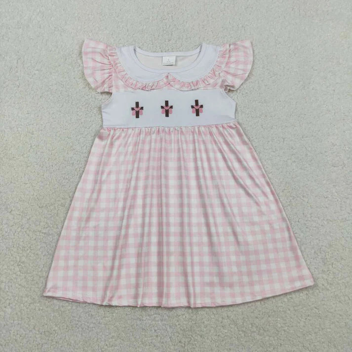 Cross Embroidery Pink Plaid Dress