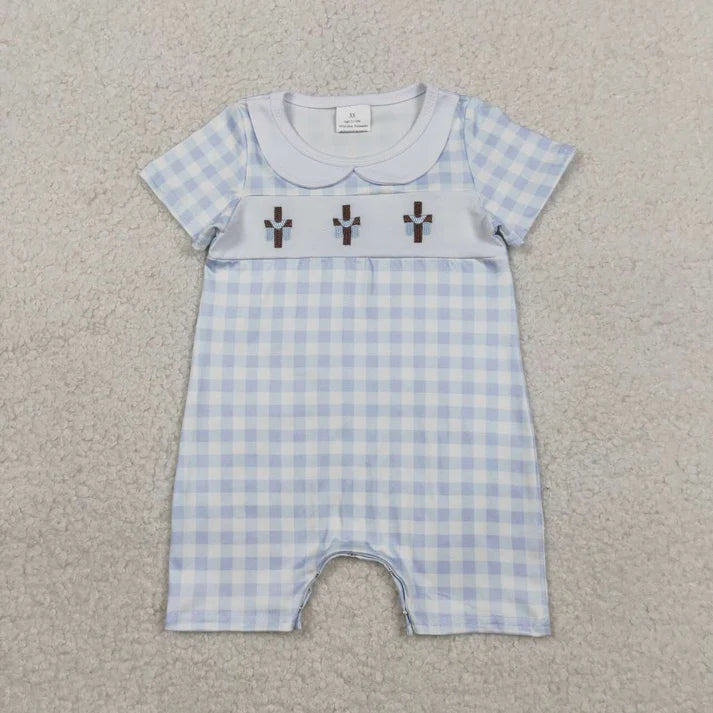 Cross Embroidery Plaid Short Romper