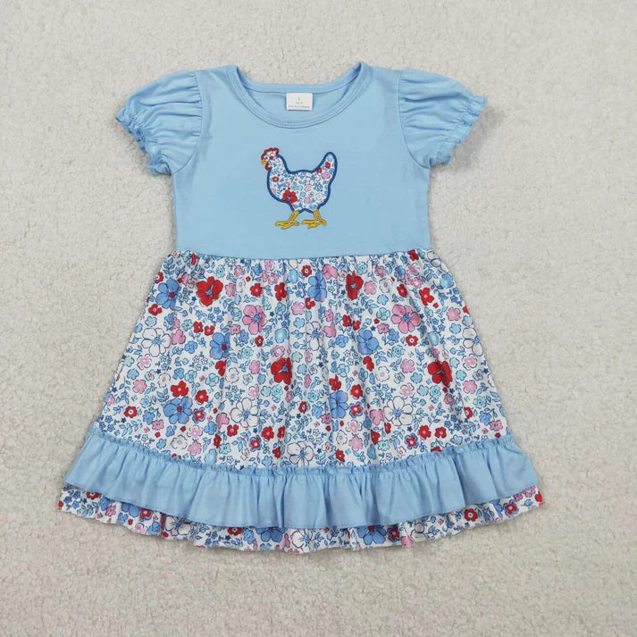Chicken Embroidery Floral Ruffle Dress