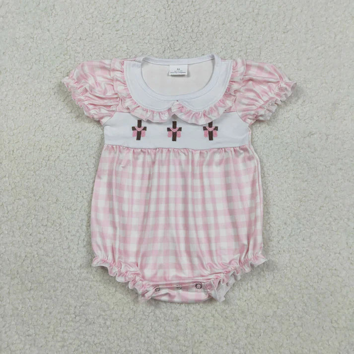 Cross Embroidery Pink Plaid Smocked Bubble