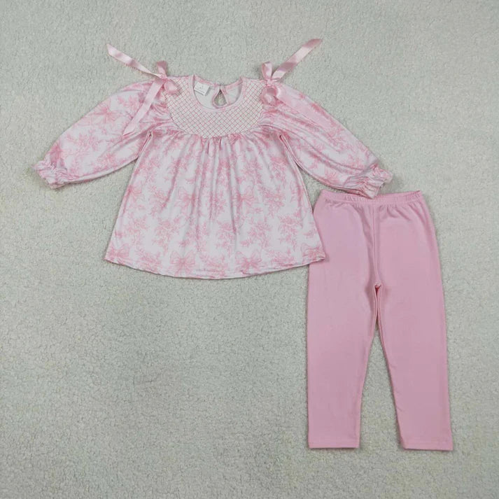 Pink Bow Smocked Long Sleeve Pant Set