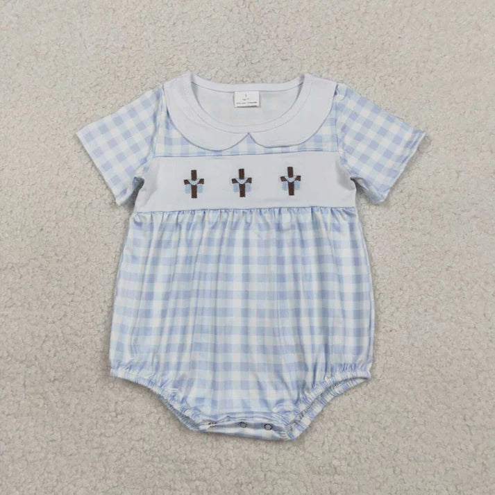 Plaid Blue Smocked Cross Embroidery Bubble