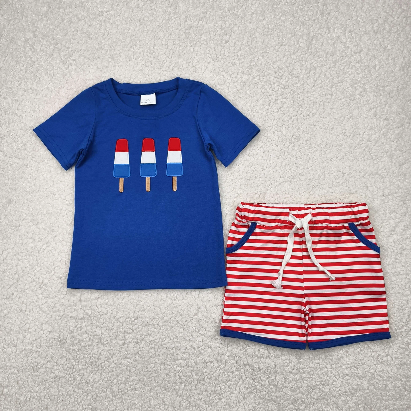 Red white and blue popsicle embroidery short set