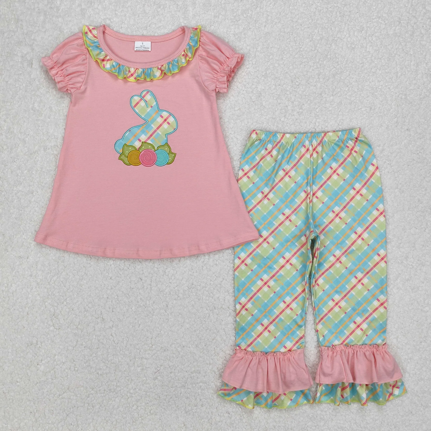 Plaid Bunny Embroidery Short Sleeve Pant Set