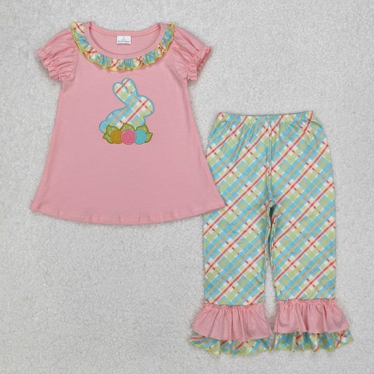 Plaid Bunny Embroidery Short Sleeve Pant Set