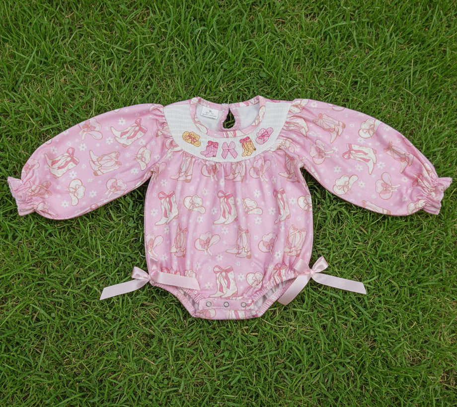 Pink Cowgirl Boots Smocked Long Sleeve Bubble