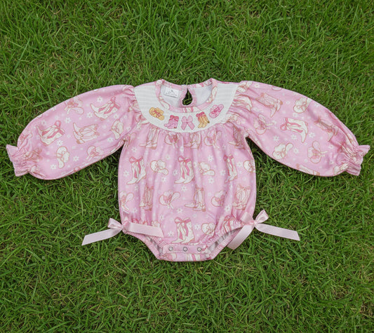 Pink Cowgirl Boots Smocked Long Sleeve Bubble
