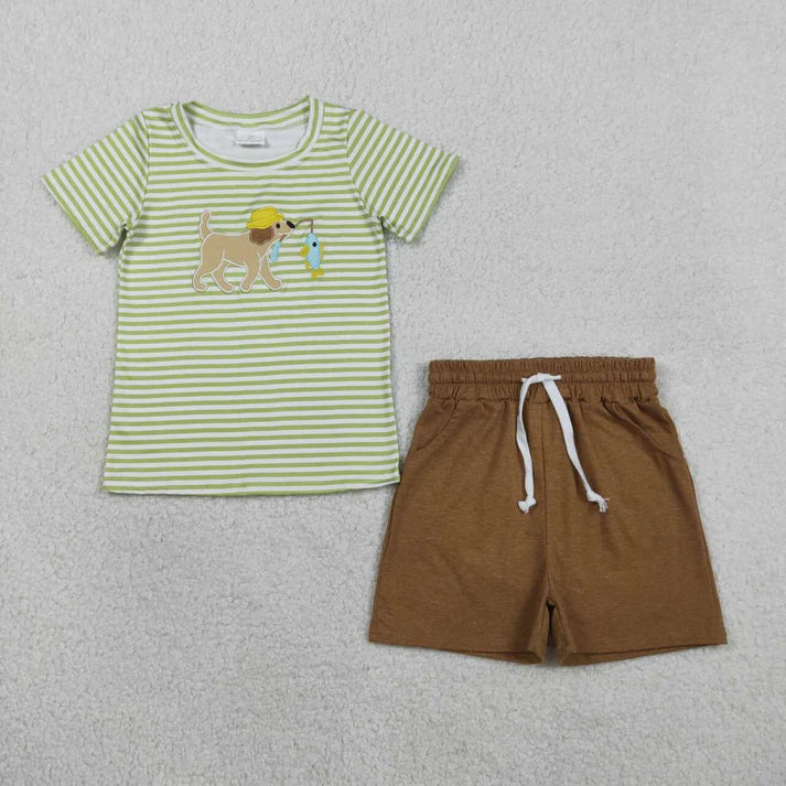 Dog Fishing Embroidery Short Set