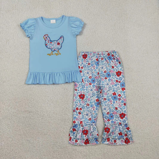 Chicken Embroidery Ruffle Pant Set