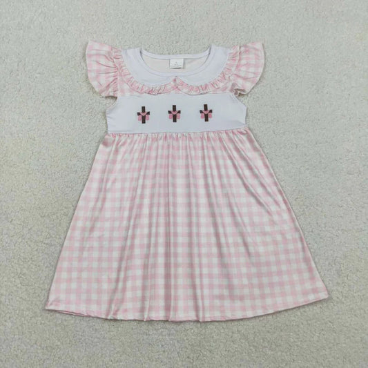 Cross Embroidery Pink Plaid Dress
