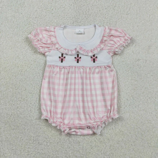 Cross Embroidery Pink Plaid Smocked Bubble