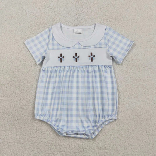 Plaid Blue Smocked Cross Embroidery Bubble
