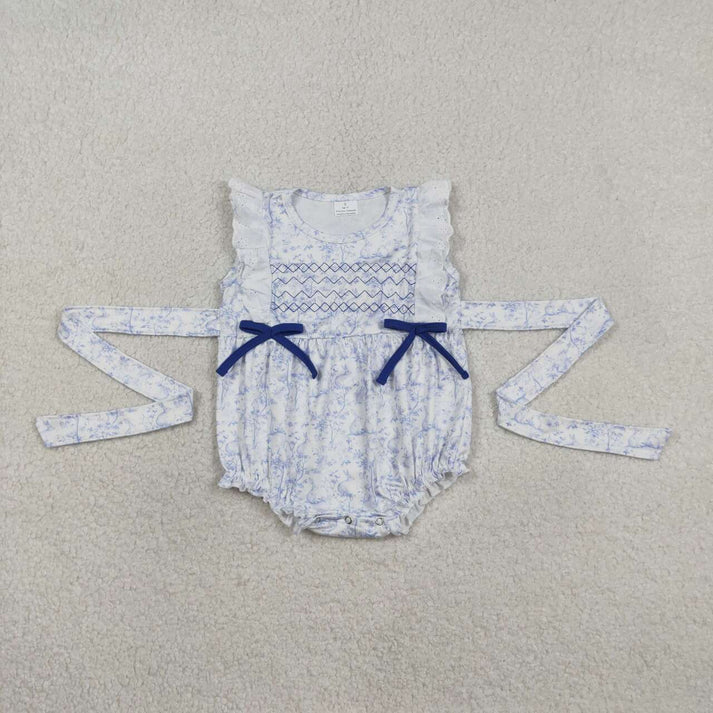 Floral Blue Embroidery Bow Romper