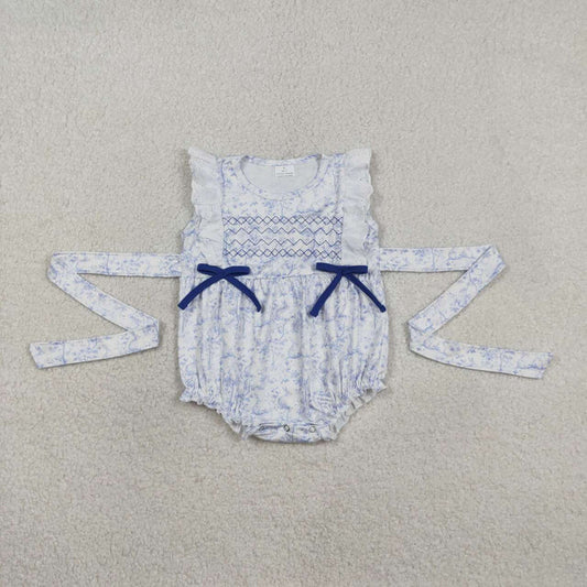 Floral Blue Embroidery Bow Romper